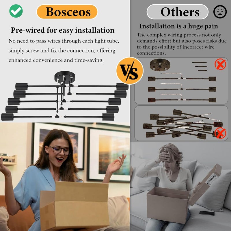Bosceos Modern Sputnik Chandelier 10-Light Industrial Ceiling Lights Fixture 31.5" Black Semi Flush Mount Ceiling Light with E26 Base Sputnik Lights Fixture for Dining Room Bedroom Foyer Hallway Living Room - Image 3
